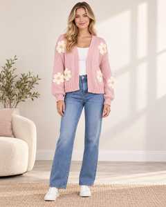Cárdigan de punto grueso con estampado floral de margaritas para mujer, suéter corto, cárdigan oversize con frente abierto, prendas de punto, regalo, venta al por mayor - Product Image 2