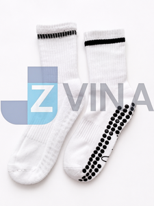 Basic Styles White Crew Non-Slip Yoga <b>Socks</b> with Black Stripe <b>Grip</b> Dot Soles Adults Knitted Cotton Quick Dry Breathable Bottom - Product Image 2