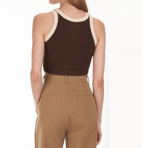 <b>Women</b> Solid Color <b>Knitted</b> <b>Tank</b> <b>Top</b> O-Neck Cropped Sleeveless Minimalist Style Brown Beige Trim - Product Image 3