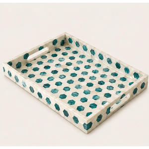 Plateau de service rectangulaire artisanal de luxe en mosaïque géométrique incrusté de nacre, écologique, avec poignées, pour mariage et décoration intérieure - Product Image 5