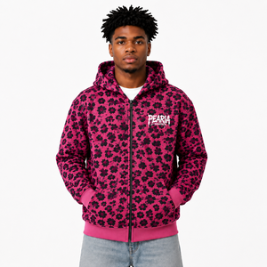 Sweat à capuche zippé pour homme, rose et noir à motifs floraux, 100% coton, coupe oversize, style vintage, streetwear, impression DTG personnalisée - Product Image 1