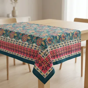 Mantel de algodón premium con estampado floral, rectangular, estilo tradicional hecho a mano, mantel de algodón para uso doméstico. - Product Image 1