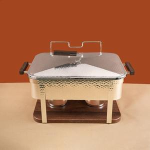 Premium Rectangular Silver Chafing Dish Hammered <b>Mirror</b> Finish Stainless Steel Buffet Warmer with Wooden Handles Single Unit - Product Image 4