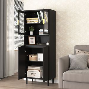 Libreria Alta Moderna con 2 Ante in Vetro, Mobile Dispensa da Cucina con Maniglie Dorate, Armadietti Gratuiti per Soggiorno - Product Image 3