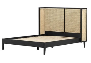 Modern Rattan Headboard <b>Bed</b> <b>Frame</b> Wooden Bedstead Black and Natural Panel <b>Bed</b> for Hotel Home Bedroom - Product Image 4