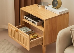 Mesita de Noche Moderna de Madera con Cajón de Ratán, Gabinete de Estilo Mid-Century con Estante Abierto para Dormitorio o Sala de Estar - Product Image 5