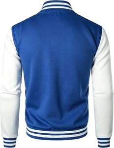 Veste universitaire bleue et blanche pour homme avec fermeture boutonnée, style décontracté classique, col rabattu, matière polyester, pour l'automne - Product Image 5