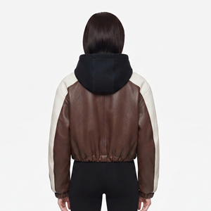 Women's Leather Crop Hoodie Women <b>Zip</b>-<b>Up</b> <b>Cropped</b> Leather Hoodie Female Side Pockets Leather Hood Girls OEM Leather Crop Hoodie - Product Image 2