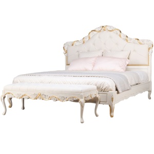 Cama de Madera de Teca Sólida de Diseño Europeo Antiguo, Cama Tapizada de Lujo con Tallado de Flores y Banco, Modelo 2204447 - Product Image 4