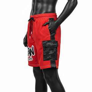 กางเกงว่ายน้ำสีแดงผ้าไมโครไฟเบอร์โพลีเอสเตอร์ เนื้อนุ่ม แห้งเร็ว ซับในตาข่าย เอวยางยืด ลายพรางสีดำ พร้อมสกรีนโลโก้ตามสั่ง - Product Image 4