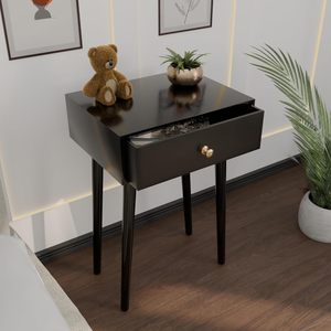 Modern Bedside <b>Table</b> with Solid Wood Legs, Minimalist and Practical End <b>Side</b> <b>Table</b> with Drawer <b>Storage</b>, Easy Assembly (Black) - Product Image 1