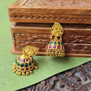 Gold Kemp Jhumka Pendant Earrings with Pearl and Diamond for Wedding Party Gift - Product Image 1