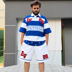 Ensemble Polo et Short Homme Tendance EV 20 Bleu Blanc – Tenue Décontractée Respirante en Coton Tricoté avec Imprimé Lettres pour l'Été – Vêtements de Sport - Product Image 1