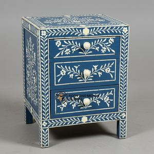 Premium Modern Eco-Friendly <b>Blue</b> Bone Inlay <b>Bedside</b> <b>Table</b> with 2 Drawers Handmade Floral Inlay Nightstand Cabinet - Product Image 1