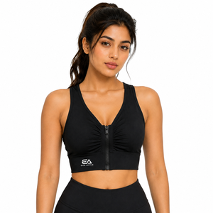 Soutien-gorge de sport court noir pour femme, à fermeture éclair frontale, maintien élevé, dos nageur, sans couture, à motif écossais, personnalisé, pour la gym, l'entraînement, le fitness et le yoga - Product Image 1