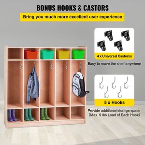 Armario para Abrigos de Guardería de 5 Secciones, 48 x 13 x 48 Pulgadas, Perchero para Aula con Colgador para Mochilas, 5 Ganchos, Mobiliario Escolar - Product Image 5