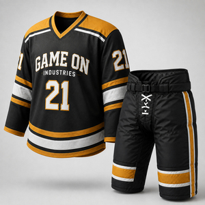 Newest Trendy Team Wear Premium Quality Best Supplier OEM ODM Service Custom Black Gold Ice Hockey Jersey and Pants Sets - Product Image 1