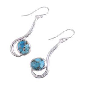 925 <b>Sterling</b> <b>Silver</b> Blue Copper Turquoise Water Drop Bezel Setting Earrings Swirl Wave <b>Wire</b> Dangle Earrings for Women - Product Image 2
