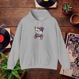 Sudadera con Capucha Gris Unisex con Estampado de Gato, Ropa Casual de Otoño, Material de Felpa, Corte Regular, Diseño con Logotipo Frontal - Product Image 1