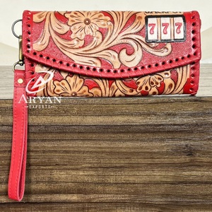 2026 Ready To Ship Hand Tooled Cow Leather Large Capacity Card Holder <b>Wristlet</b> Wallet Genuine Leather Clutch Purse for Women's - Product Image 1