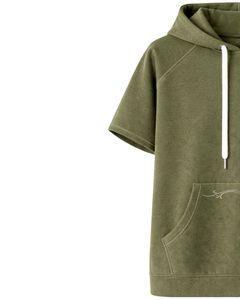 Sweat à capuche vert olive à manches courtes pour homme, pull décontracté, t-shirt à capuche léger, streetwear d'été, mélange de coton, poche kangourou - Product Image 3