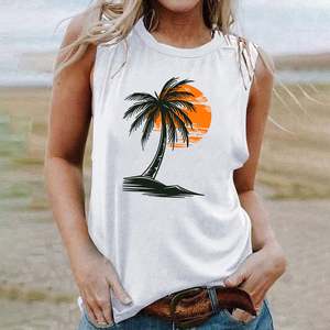 Camiseta sin Mangas con Logotipo Personalizado OEM para Mujer, Camiseta Gráfica con Cuello Redondo, Camiseta Informal de Verano para Vacaciones en la Playa Hawaiana - Product Image 1