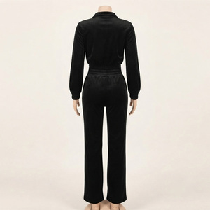 Ensemble de survêtement tricoté pour femme, style urbain, à manches longues, avec fermeture éclair, col à capuche, patchs unis, coupe ajustée, hiver, noir, 2 pièces - Product Image 3