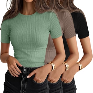 Women's Ribbed Short Sleeve Crew Neck T-Shirt Solid Color Slim Fit Knitted Cotton Spandex Casual Spring Summer Breathable - Product Image 1