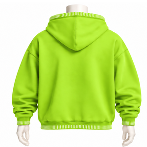 Sweat-shirt à capuche surdimensionné vert lime avec bordure cousue, effet vieilli, surpiqûres contrastées, poche kangourou, style streetwear décontracté - Product Image 2