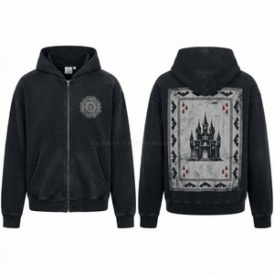Custom Black Zip Up Hoodie Men Vintage Wash Heavyweight Fleece Hoody Gothic Castle Graphic Print Oversized Streetwear Hoodies - Product Image 1