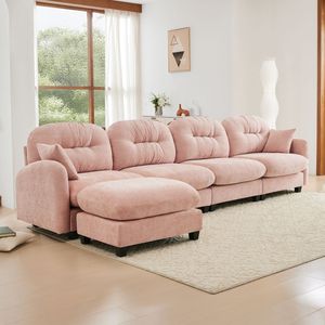Divano Componibile a L in Legno di Alta Qualità con Tessuto Morbido in Ciniglia, Design Ergonomico Trapuntato e Plissettato per Soggiorno - Product Image 2