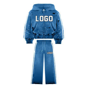 Premium Quality Men's Zip <b>Hoodie</b> Flared Pants Tracksuit Custom Printed Logo (Silk Screen) Rhinestone Embellishments Distressed - Product Image 1