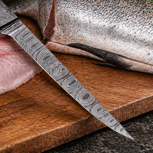 Custom Handmade Forged Fillet <b>Knife</b> in Damascus Steel with Ram Horn Handle and Leather Sheath-Eco-Friendly Dishwasher <b>Safe</b> - Product Image 4