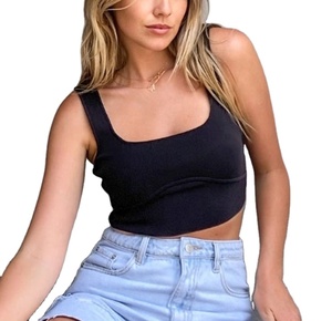 OEM 2024 personalizado verano cuello cuadrado Crop Top Algodón elástico acanalado ajustado de punto sin mangas recortada camisetas sin mangas de las mujeres - Product Image 1