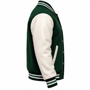Wholesale OEM Varsity <b>Jacket</b> Forest Green Wool Body Cream Leather Sleeves Striped Rib-Trim Snap Button <b>Letterman</b> <b>Jacket</b> - Product Image 3