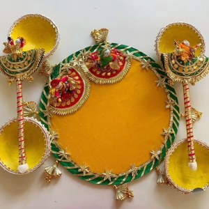 Juego de Thali para Puja Gota Patti Rajasthani Hecho a Mano - Decoración de Boda con Marionetas Kathputli - Plato Decorativo Tradicional Indio para Fiestas - Product Image 4