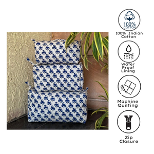 Premium Floral Jaipur Hand block print Quilted cotton <b>toiletry</b> bag Set of 3 sizes multi function Cosmetic travel <b>storage</b> Gifting - Product Image 3