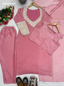 Kurti rosa de seda de diseño elegante con cordones, lentejuelas y trabajo manual, listo para usar, con conjunto de blusa, pantalón y dupatta, a precio de mayorista. - Product Image 6