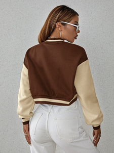 Veste courte de style universitaire pour femme, marron crème, couleur contrastée, manches longues, col boutonné, style streetwear automne - Product Image 4