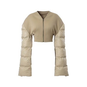Beige Quilted Jacket Full Sleeve Drop Shoulder V Neck Zipper Closure Short Length Winter Wear Women's Outerwear - Product Image 1