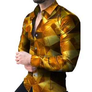 Camisa de Lujo para Hombre, Estampado Geométrico Dorado, Manga Larga, con Botones, para Fiesta o Club, Corte Ajustado, Satén Tejido, OEM ODM, Venta al por Mayor, Primavera, Envío Rápido - Product Image 1
