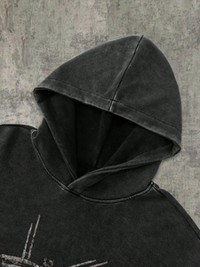Sweat à capuche oversize épais 480 GSM noir délavé à l'acide avec impression graphique personnalisée en molleton de coton style streetwear vente en gros - Product Image 5