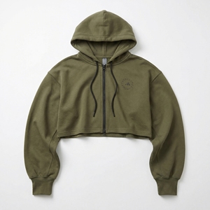 Sudadera con capucha Olive Cropped Full-Zip — Dobladillo de canalé ancho, manga extragrande y logotipo tonal en el pecho |   Ropa Urbana para Mujer OEM / Marca Privada - Product Image 1