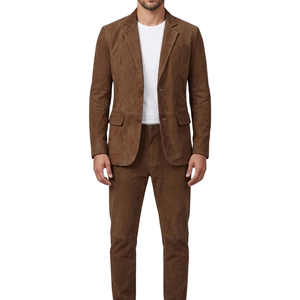 Costume deux pièces en daim marron pour homme, blazer à revers crantés et pantalon, simple boutonnage - Product Image 1