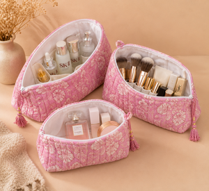 Apricot Orange Cotton Bohemian Floral Prints Cosmetic Bag Set Teal Blue <b>Makeup</b> Pouch Vine Travel for Zipper Clutch Bulk - Product Image 5