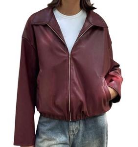 Blouson bomber en cuir uni pour femme, fermeture éclair, col montant, poches, longueur au-dessus du genou, pour un style décontracté et streetwear - Product Image 5