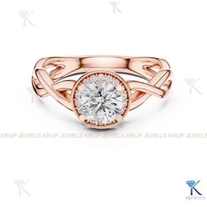 Bague de fiançailles personnalisée en diamant CVD HPHT cultivé en laboratoire, avec halo, bande torsadée tressée et bordure milgrain, en or massif 14 carats, certifiée IGI, cadeau, bague de mariée - Product Image 2