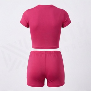 Women's 2 Piece Sporty Set Short Sleeve <b>Crop</b> <b>Top</b> and Above Knee Shorts Solid <b>Pink</b> Knitted Breathable Activewear - Product Image 2