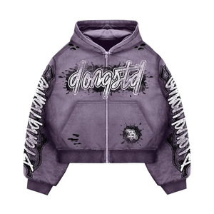 Sudadera con capucha de invierno personalizada 100% algodón con pedrería, estilo streetwear oversize, de felpa francesa gruesa, vintage, corta, de corte cuadrado y con cremallera alta - Product Image 2