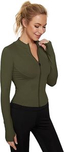 Women's Olive Green Full Sleeve <b>Zipper</b> Front Yoga <b>Top</b> Stand Collar Breathable Polyester Spandex Solid Color Skinny Fit Pockets - Product Image 5